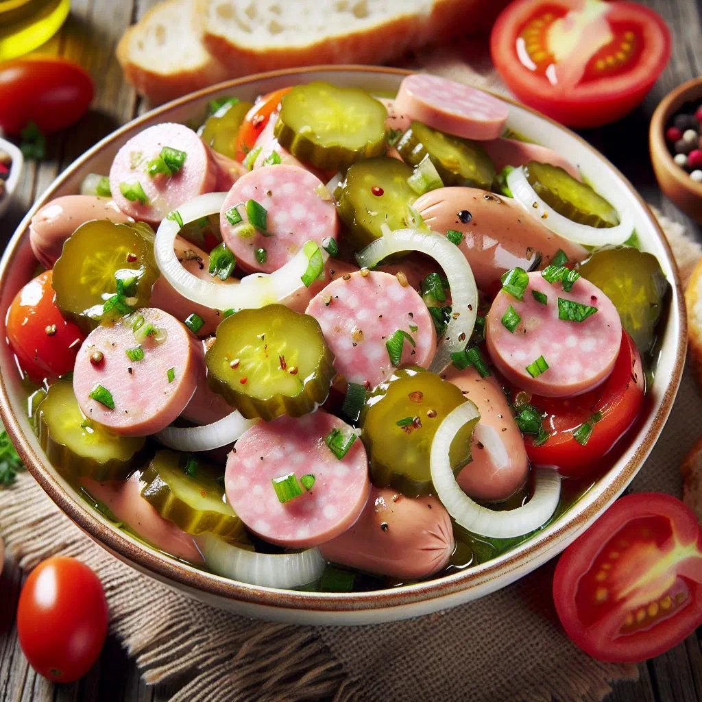 Swiss sausage salad with sliced sausage, onions and gherkins in vinaigrette