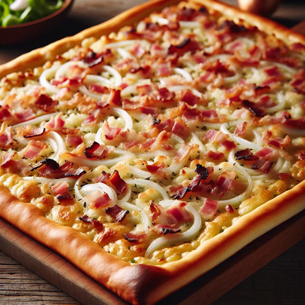 Crispy Swiss-style Flammkuchen topped with cheese, onion rings and fresh herbs