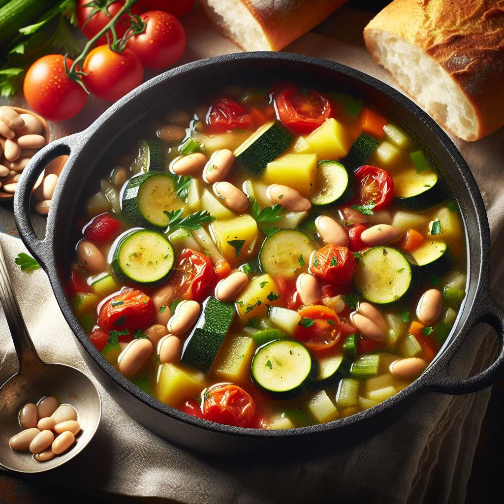 A bowl of colourful Ticino minestrone garnished with fresh herbs
