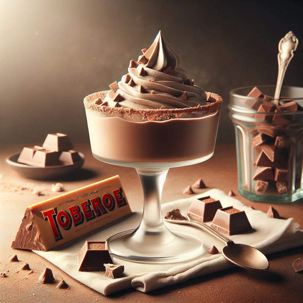 Toblerone mousse served in a dessert glass topped with chocolate shavings