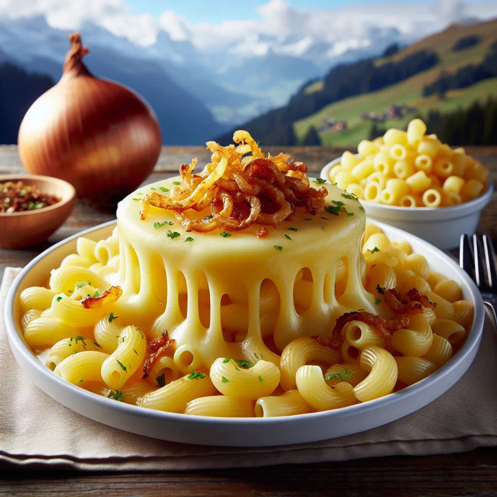 Toggenburg cheese hörnli pasta with melted cheese and onions in a pan