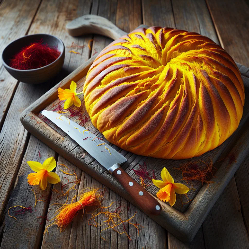 Golden Valais saffron bread loaf with a soft, rich crumb