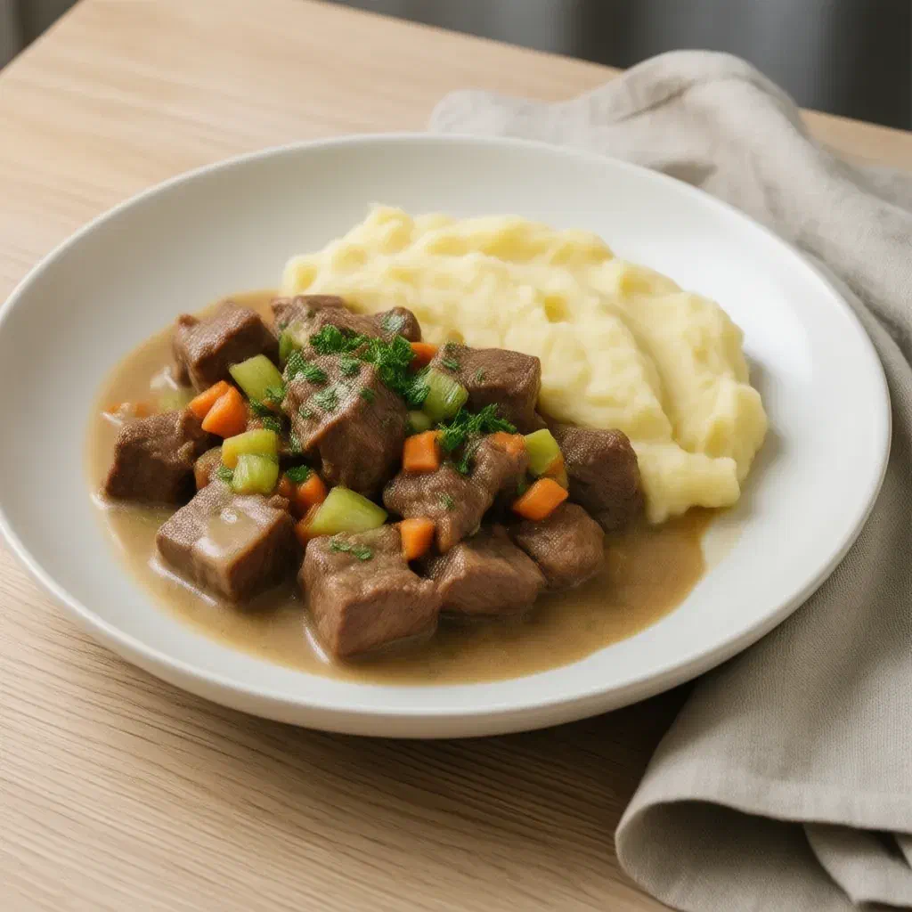 Swiss Voressen, braised beef cubes in a light cream sauce with diced vegetables and mashed potatoes