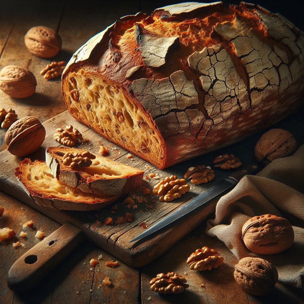 Rustic loaf of Swiss walnut bread with a golden crust, sliced open
