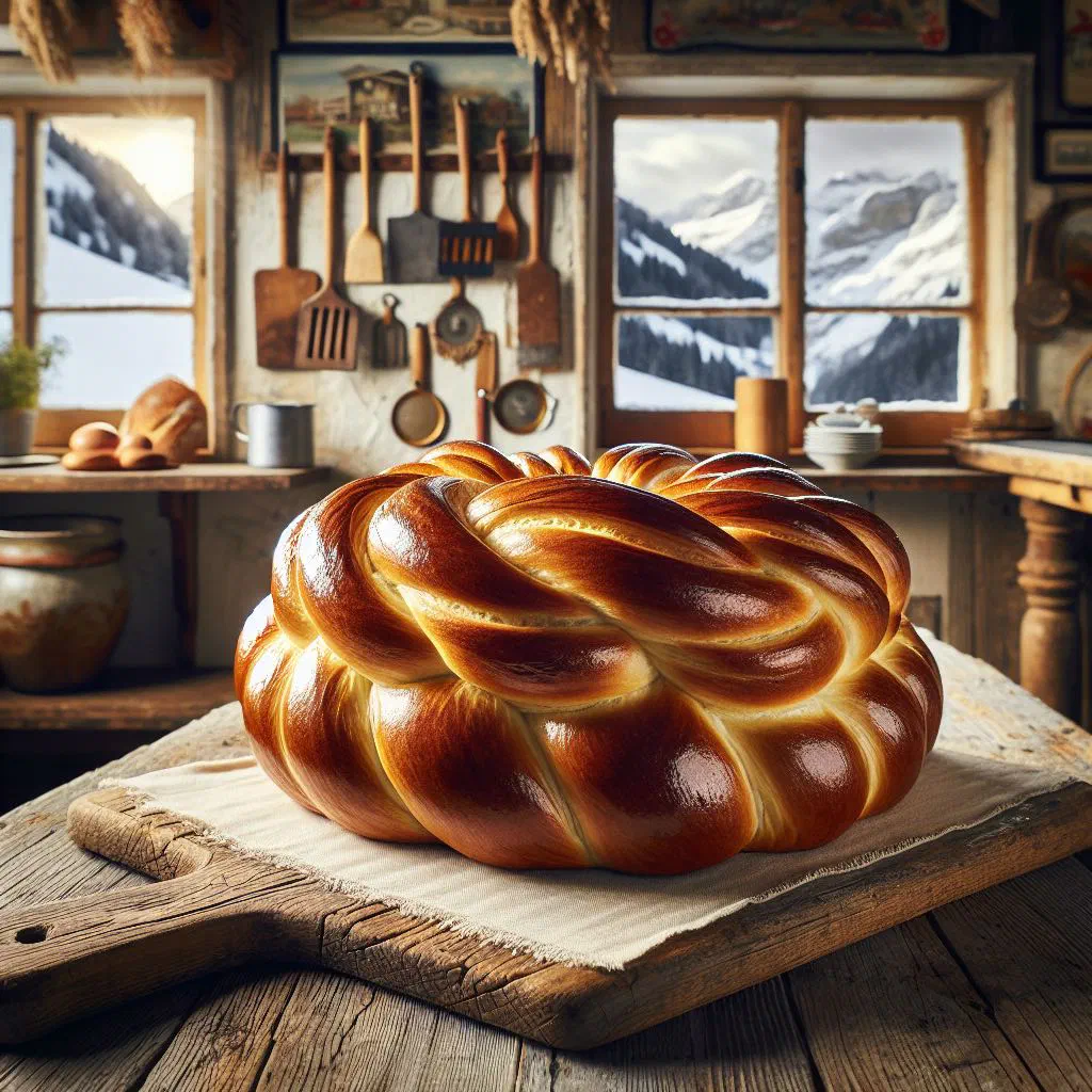 Golden braided Zürcher Zopf loaf with a glossy egg-washed crust