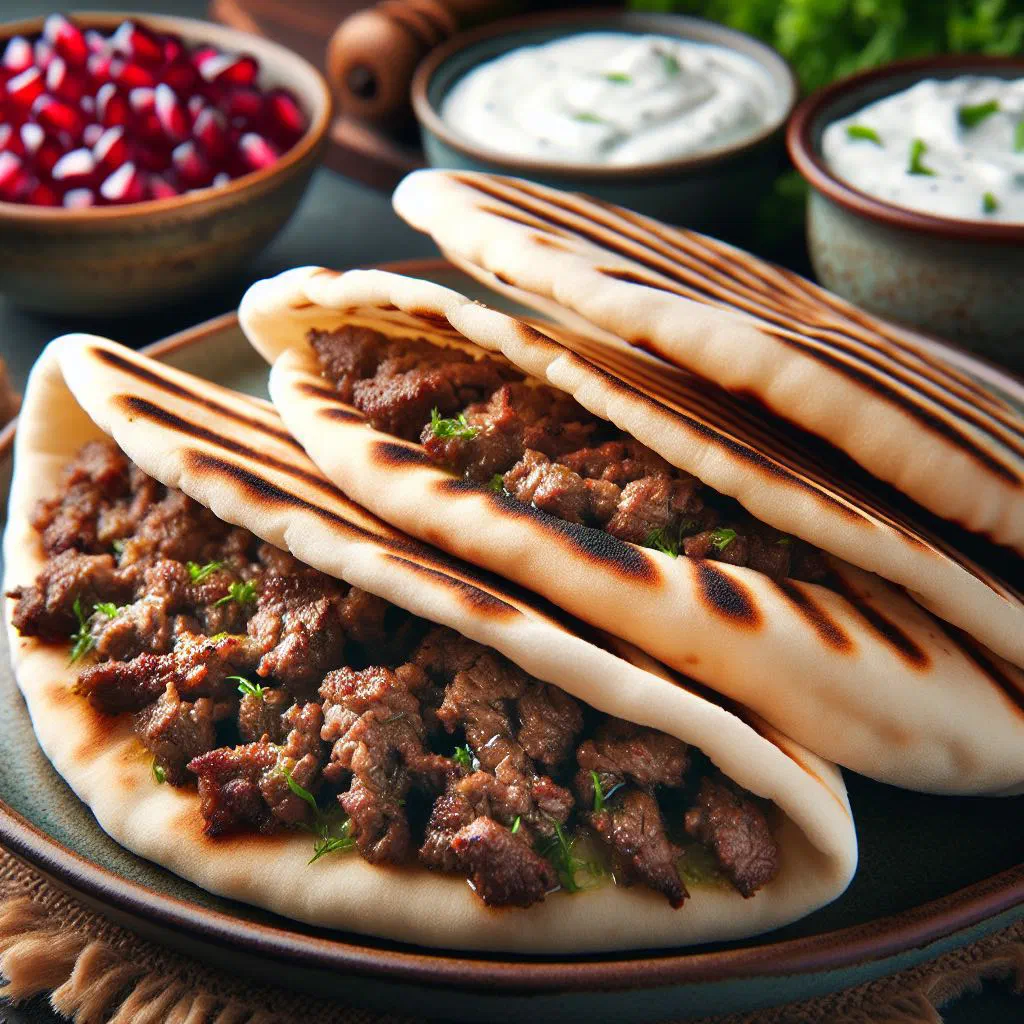 Crispy grilled Arayes flatbreads filled with spiced minced meat