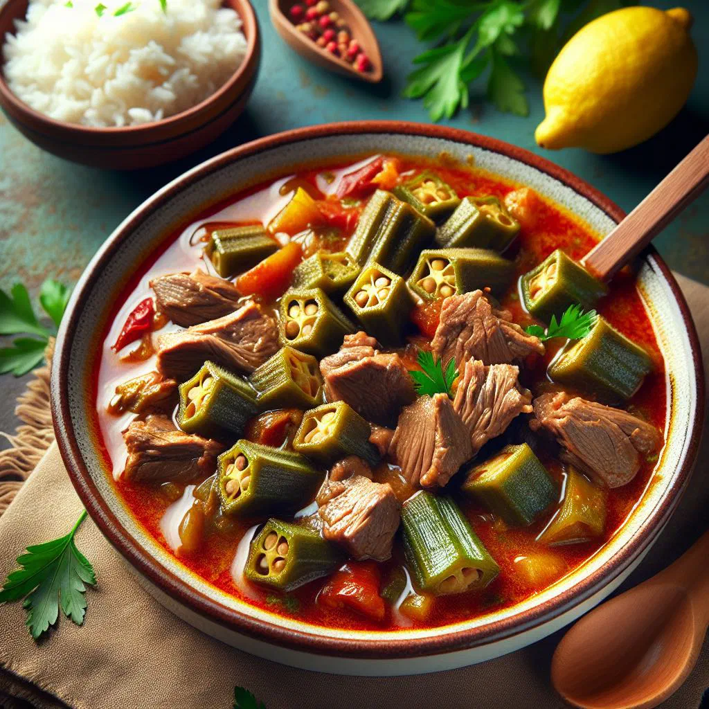 Bamia bi lahme okra and meat stew in tomato sauce garnished with parsley