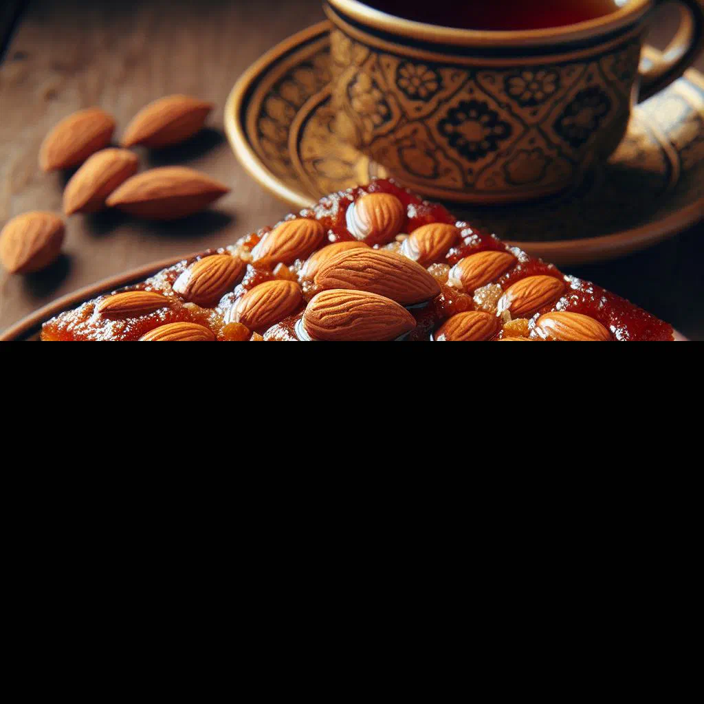 Golden basbousa semolina cake topped with almonds and drizzled with syrup