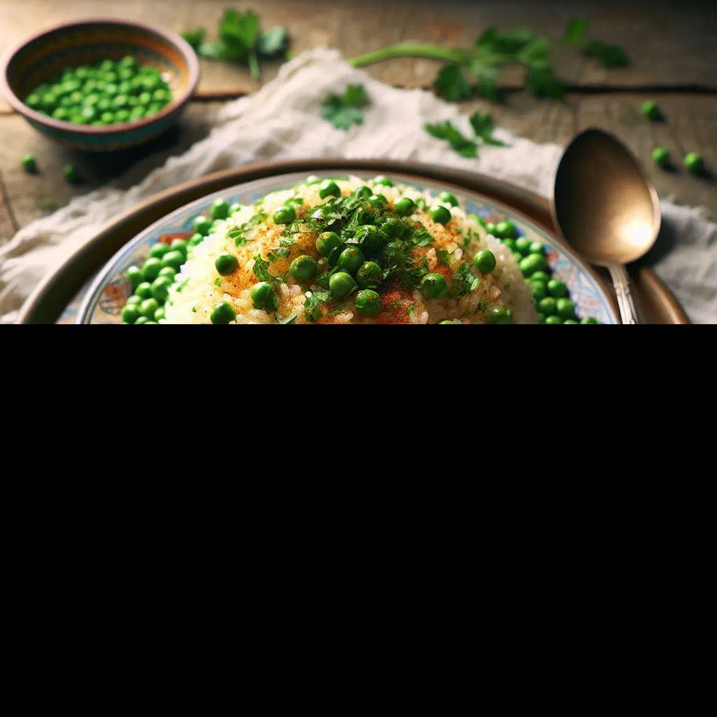 Bazella w Riz with green peas, spiced meat and fluffy rice in a bowl