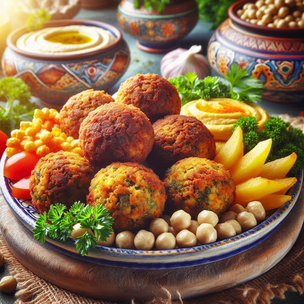 Golden-brown falafel balls served with flatbread, salad and dips