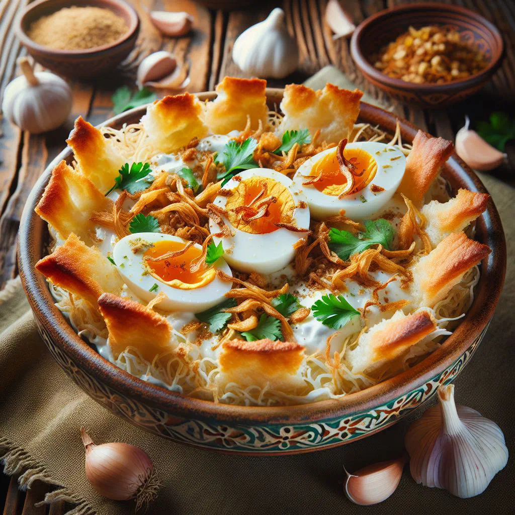 Fattet Bayd with tender lamb, crispy pita pieces and creamy garlic yoghurt garnished with fresh herbs