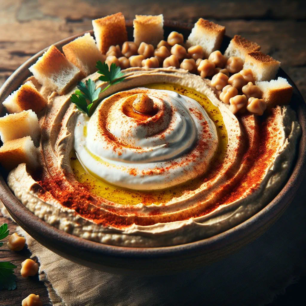 Fattet hummus layered with crispy flatbread, chickpeas, yoghurt and parsley