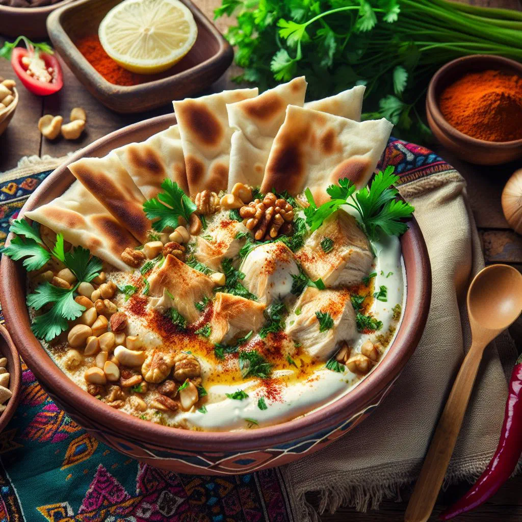 Fattet jaj with layered chicken, crispy pita and creamy yoghurt sauce topped with parsley