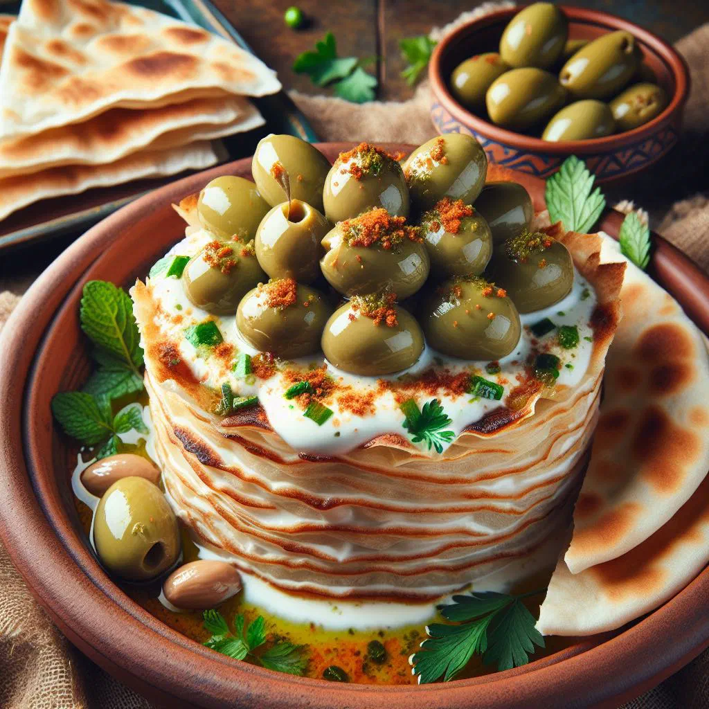 Fattet zeitoun with tender meat and creamy yoghurt sauce over crisp flatbread