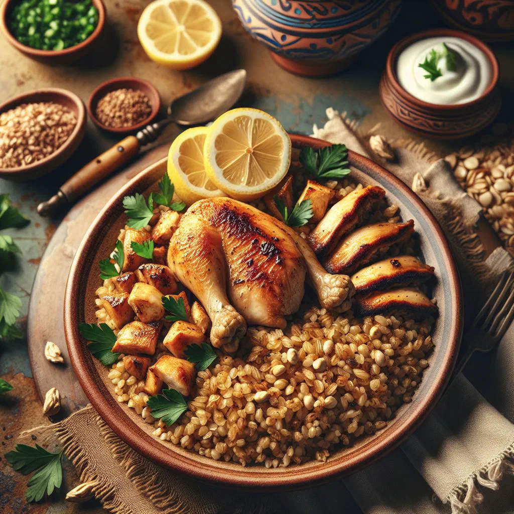 Freekeh bil dajaj with tender chicken over roasted green wheat, garnished with fresh parsley