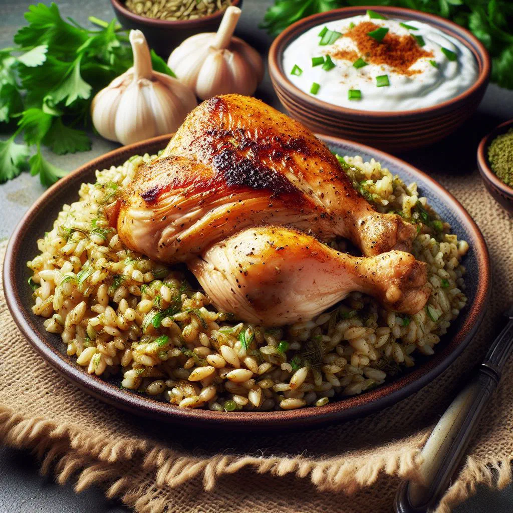 Freekeh with chicken garnished with fresh parsley in a deep bowl
