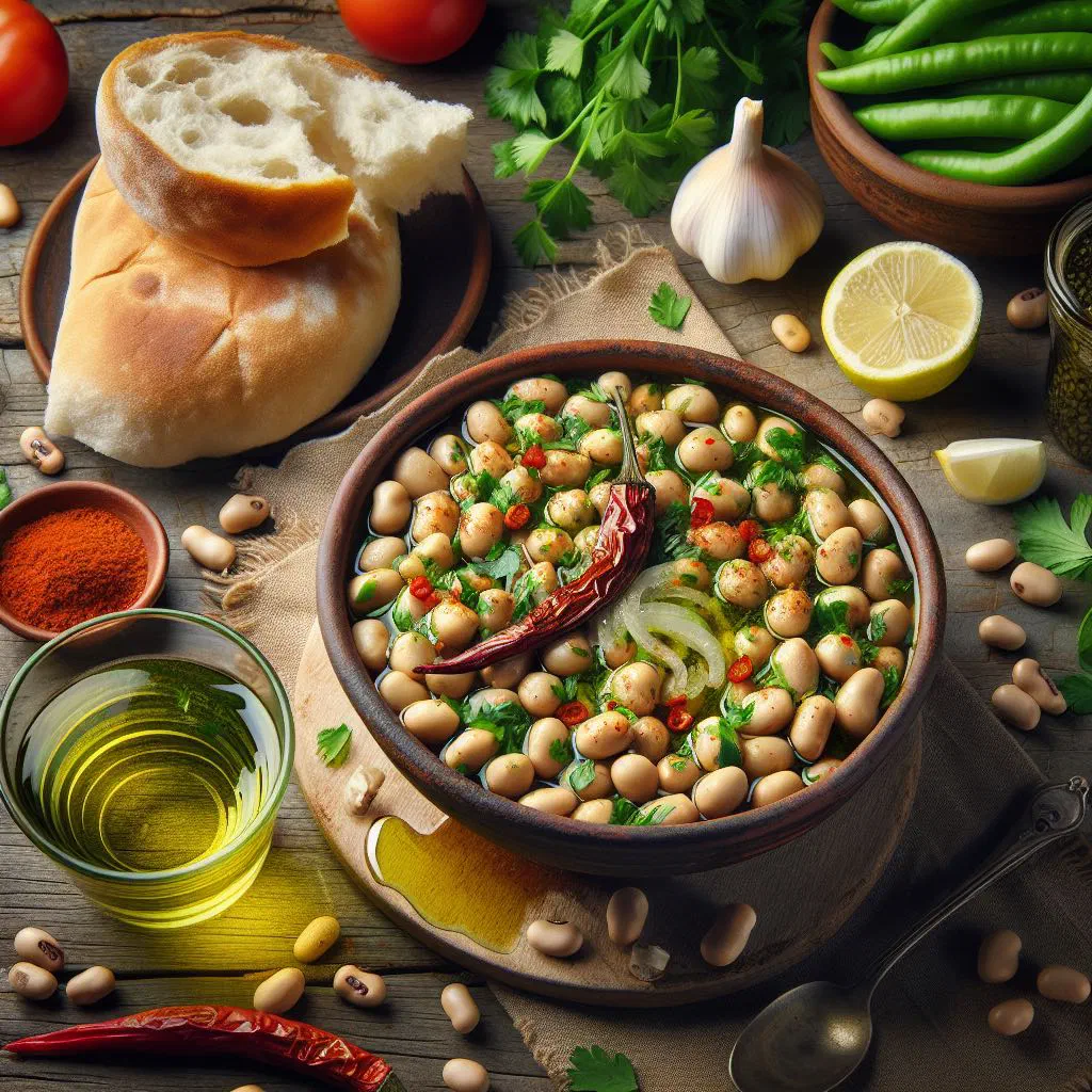 Bowl of ful medames with fava beans, olive oil and fresh herbs