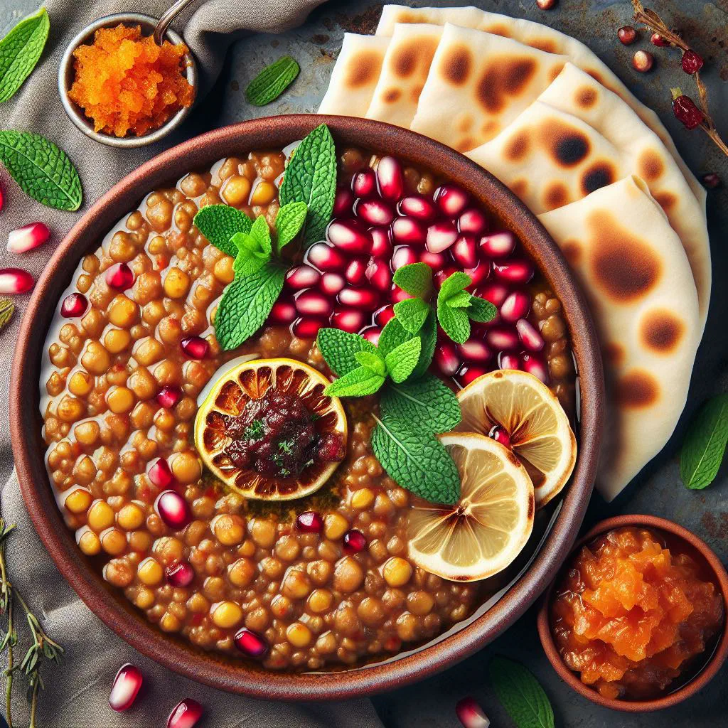 Harak osbao with tender meat and green lentils in a rustic bowl