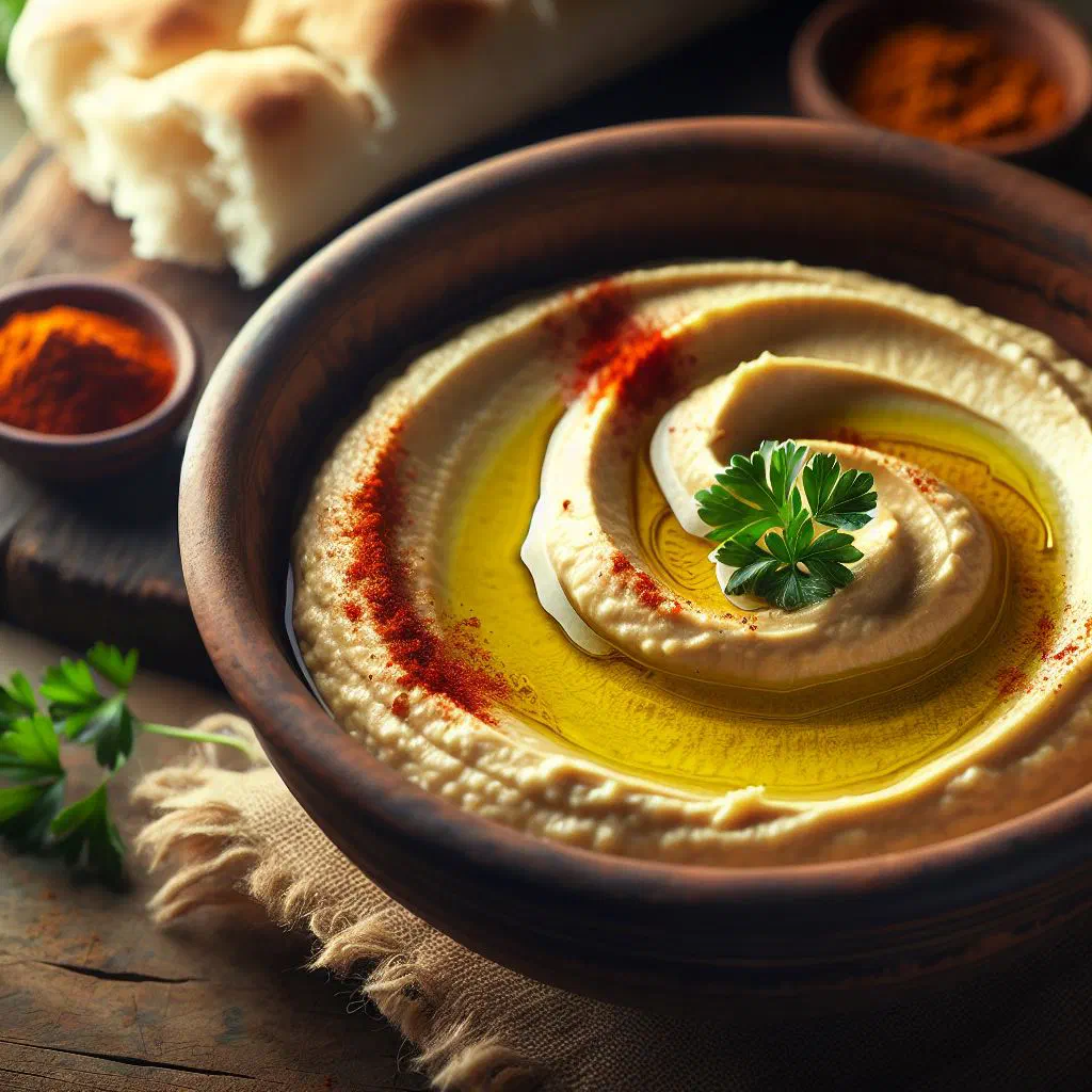 Bowl of creamy hummus drizzled with olive oil and sprinkled with paprika