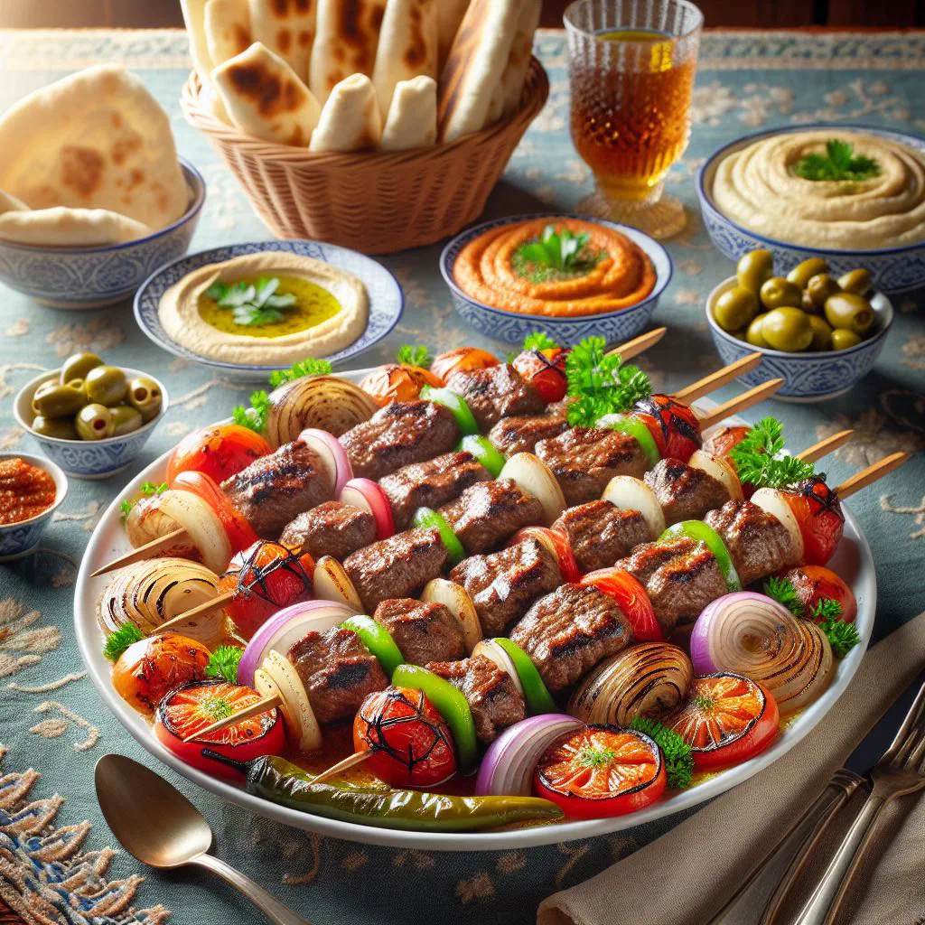 Grilled kabab hindi lamb skewers served with flatbread and salad