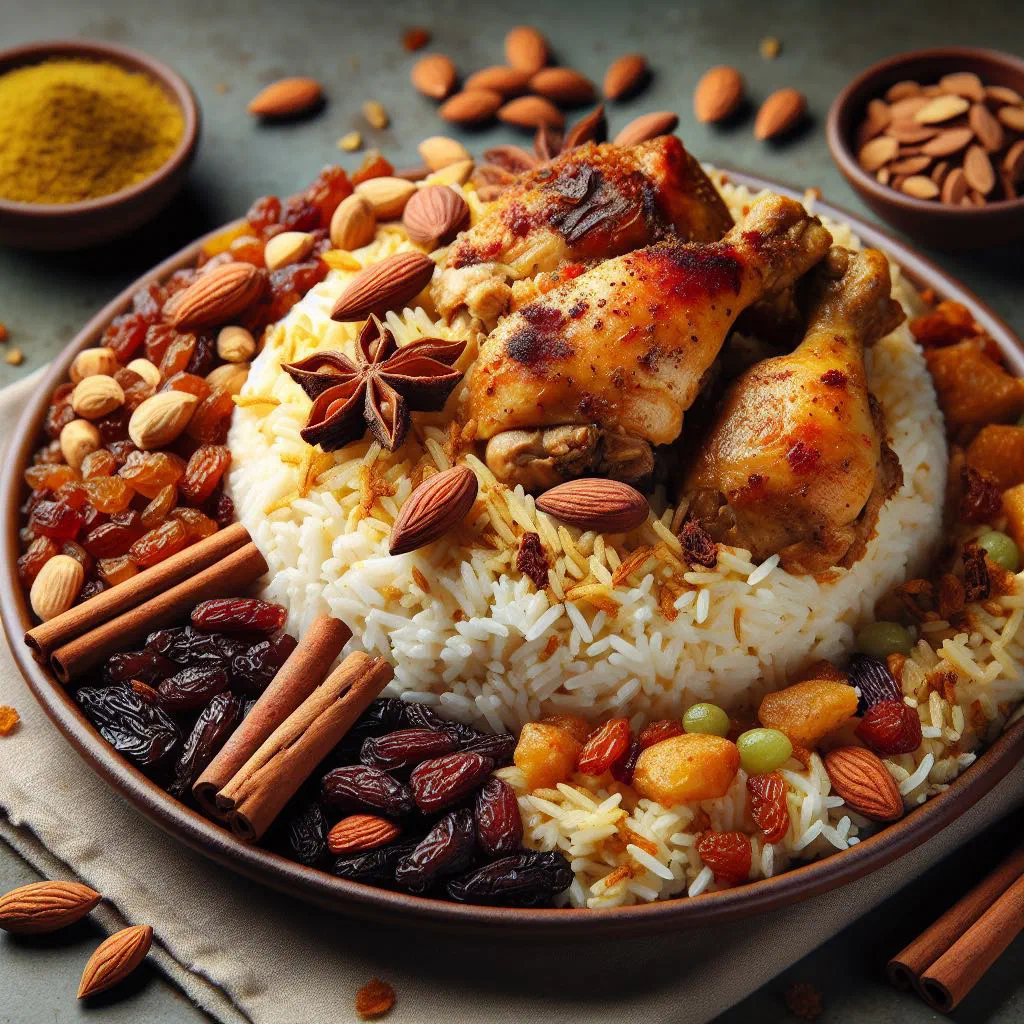 Kabsa with spiced basmati rice, tender meat and fresh herbs on a platter