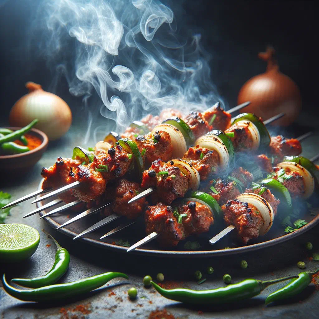 Grilled kebab hindi skewers with flatbread and fresh herbs