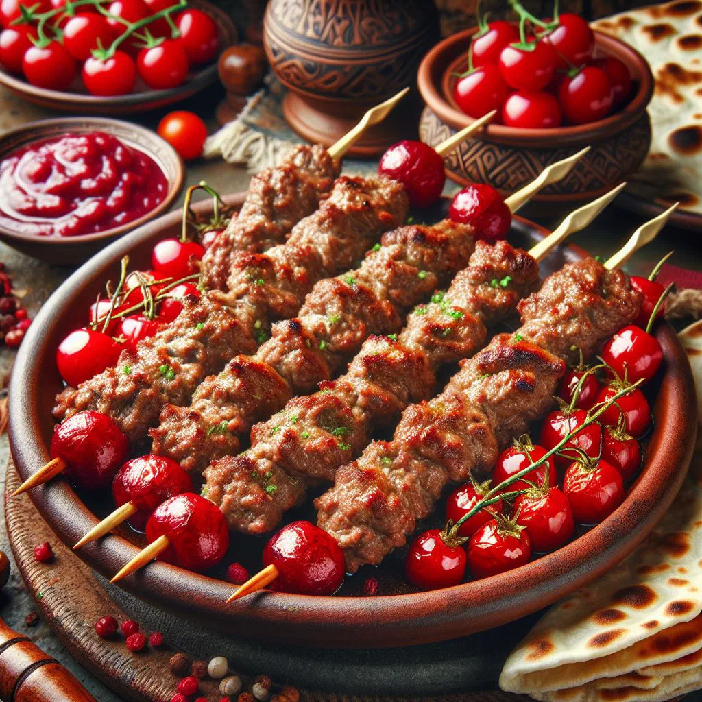 Grilled kebab karaz skewers of lamb with glossy dark cherries