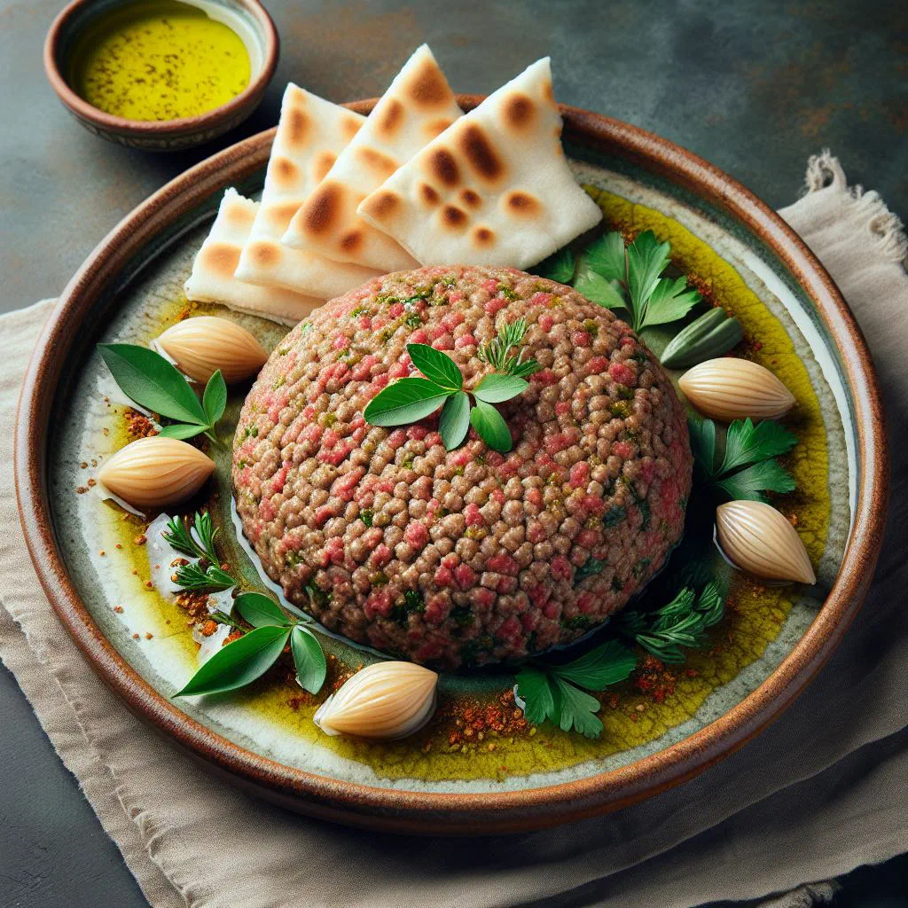 Kibbeh nayyeh spread on a plate, garnished with fresh herbs and olive oil