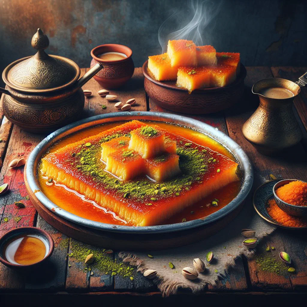 Golden knafeh nabulsieh topped with ground pistachios and sugar syrup
