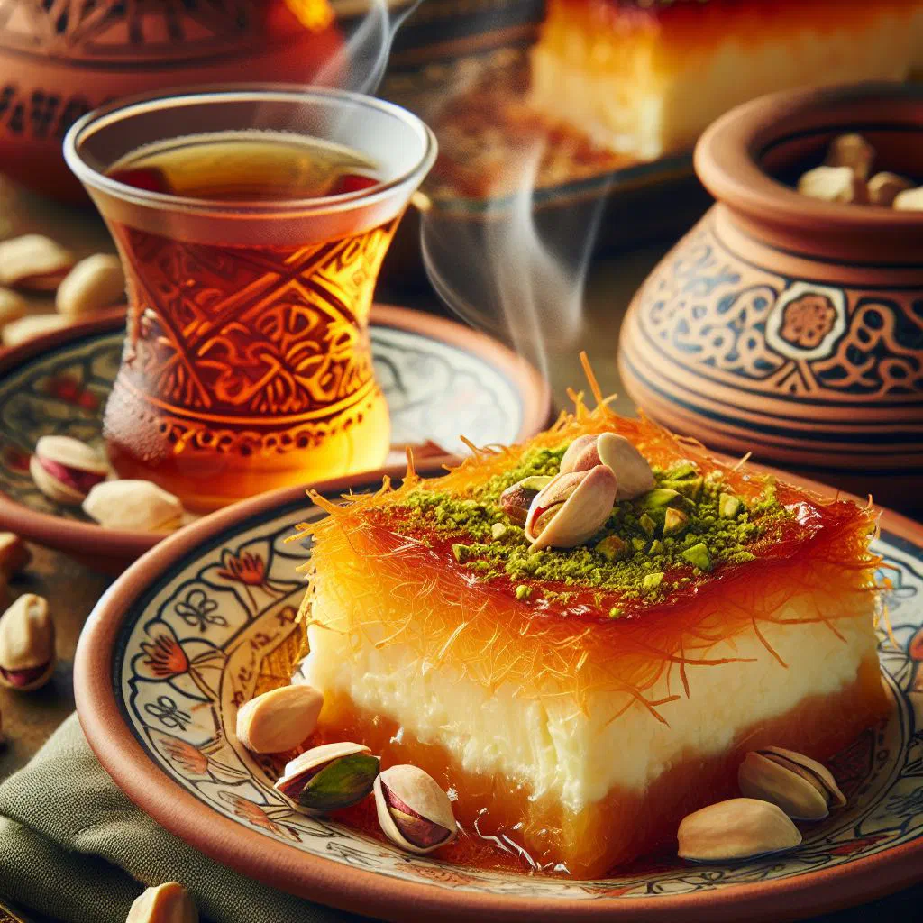 Golden baked knafeh with cheese filling, drizzled with syrup and topped with chopped pistachios