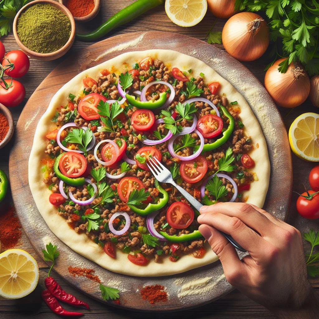 Thin lahmacun flatbread topped with spiced minced meat and fresh parsley