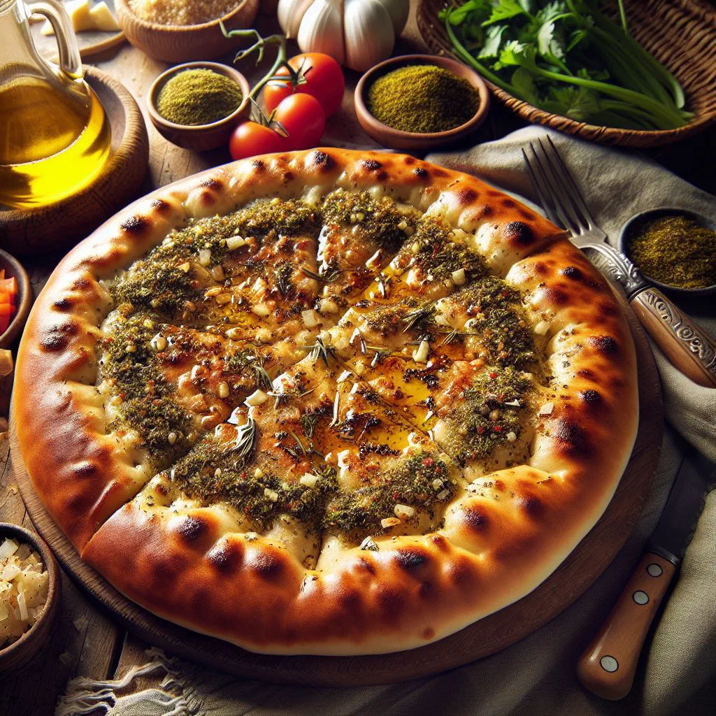 Freshly baked manakish flatbread topped with za'atar and olive oil