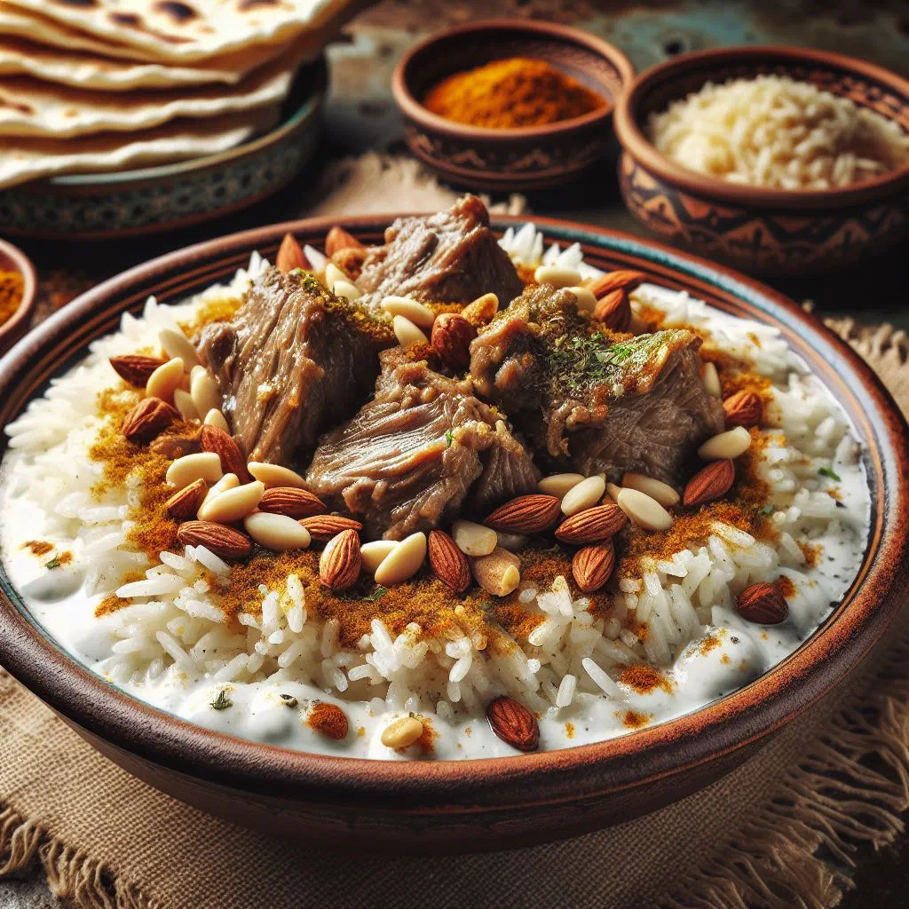 Mansaf with tender lamb on rice, drizzled with yoghurt sauce and topped with nuts and parsley