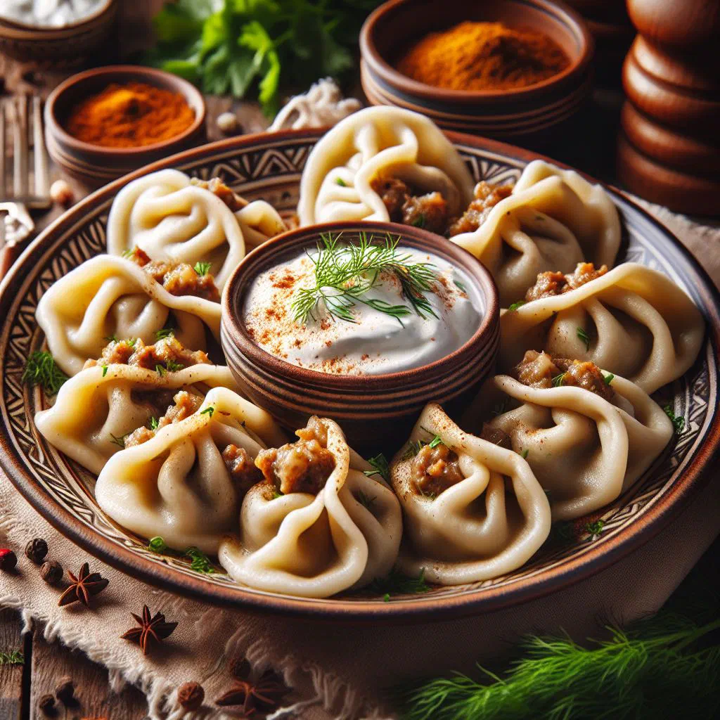 Syrian manti dumplings served with yoghurt and herbs