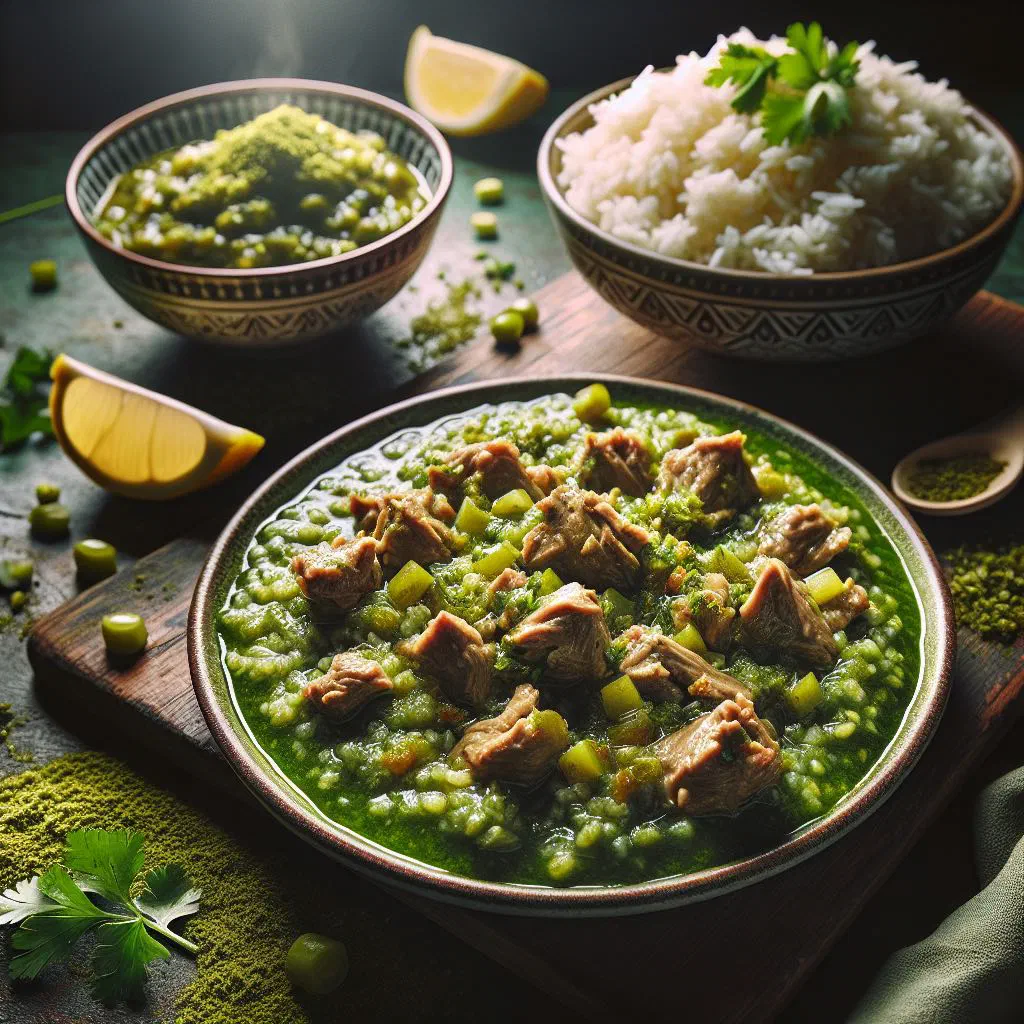 Green mloukhieh stew with tender meat served alongside rice