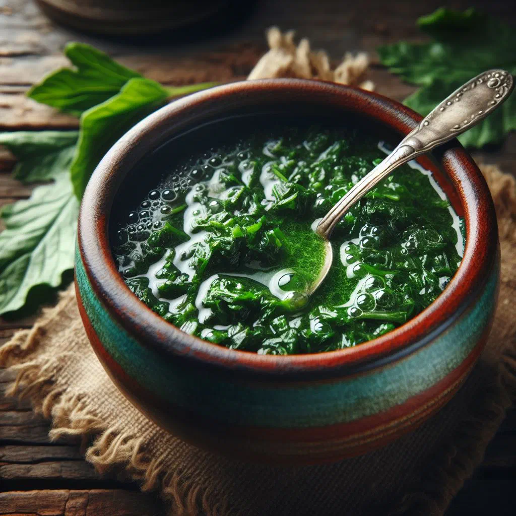 Bowl of green molokhia stew with tender chicken served alongside rice