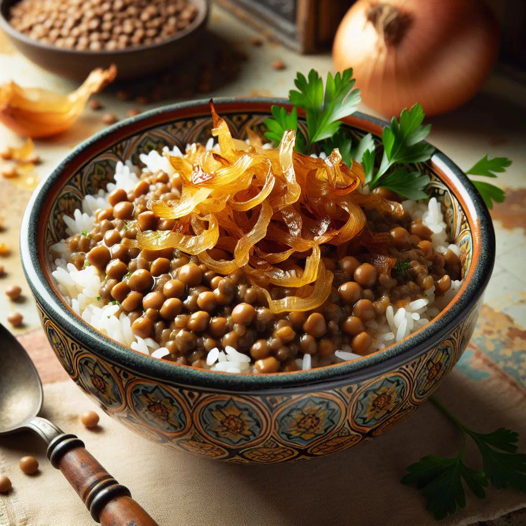 Moudardara of lentils and rice topped with caramelised onions