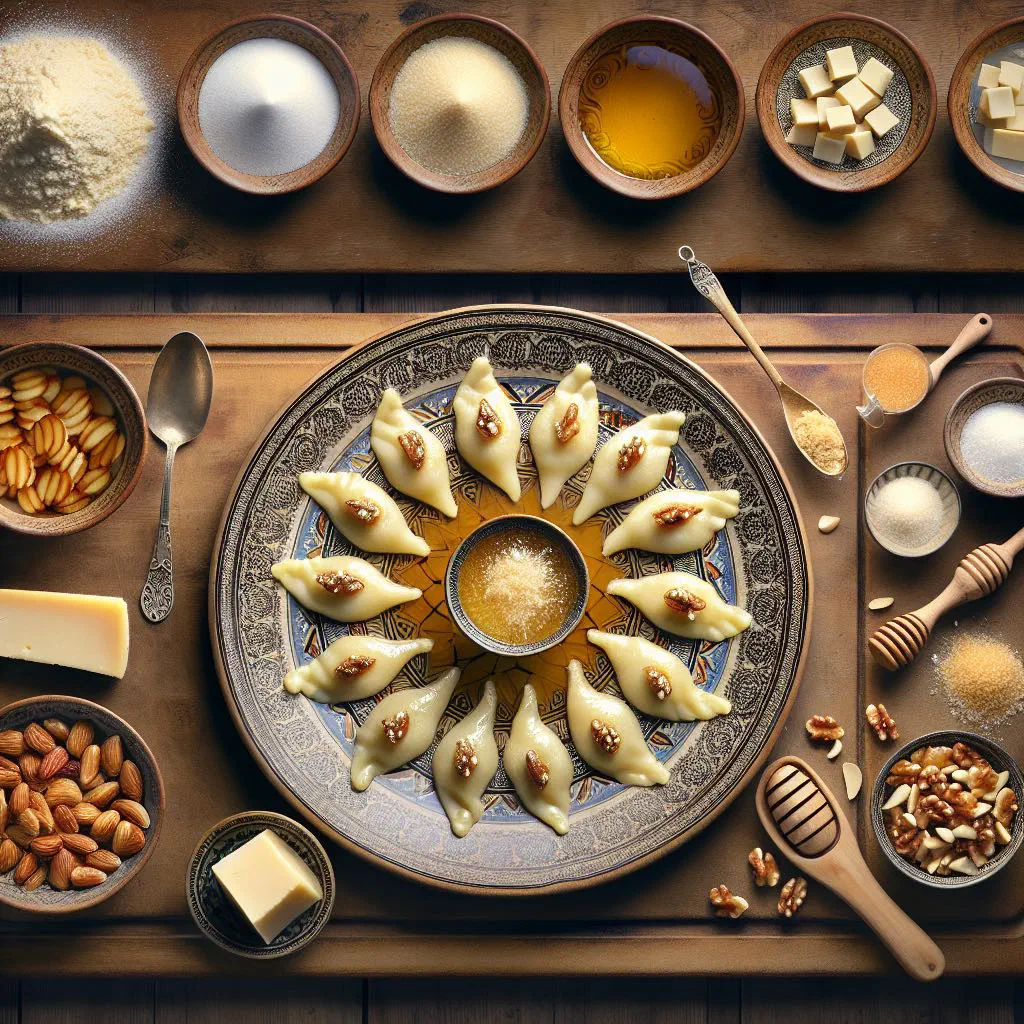 Golden qatayef pancakes filled with nuts and drizzled with sugar syrup