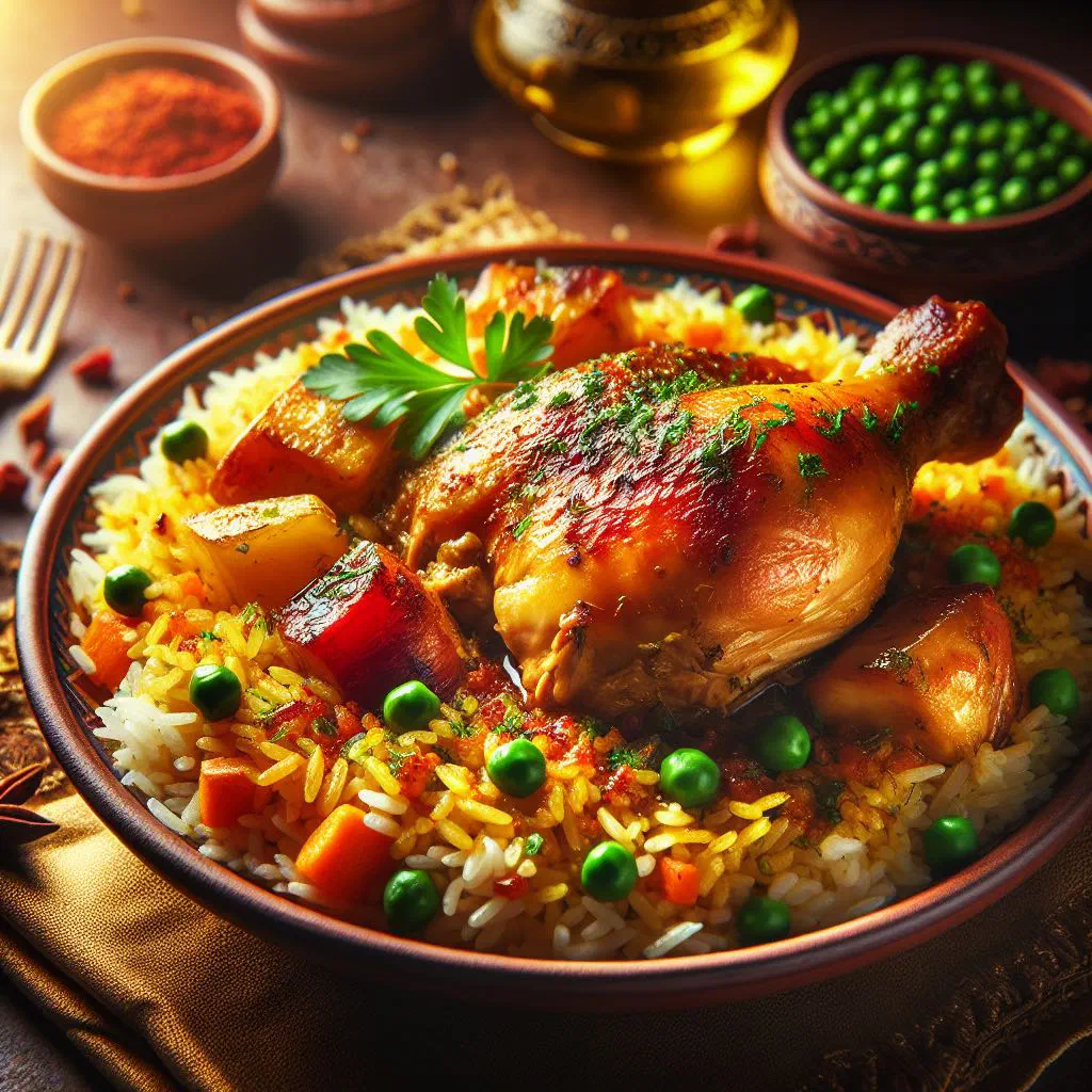 Ruz bil dajaj — spiced chicken and rice garnished with almonds and parsley
