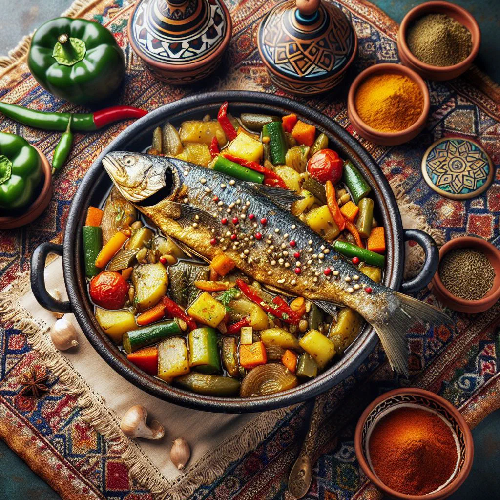Whole fish baked with tomatoes, lemon slices and fresh herbs in a tagine