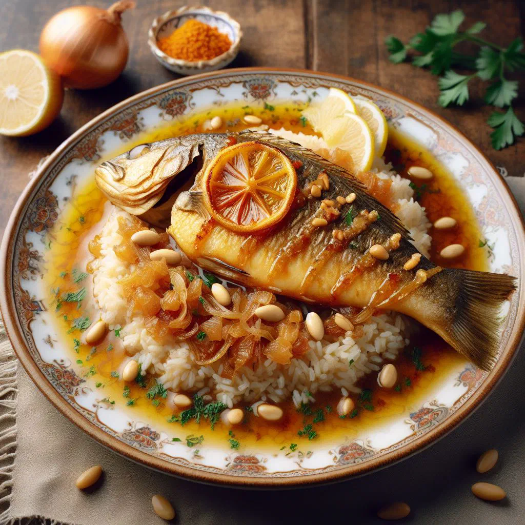 Sayadieh with pan-fried fish served over spiced rice with caramelised onions