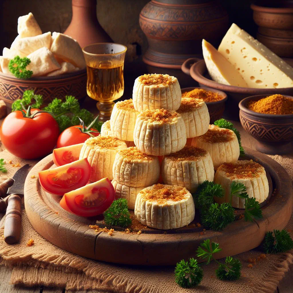 Shanklish cheese balls drizzled with olive oil, served with flatbread and fresh vegetables