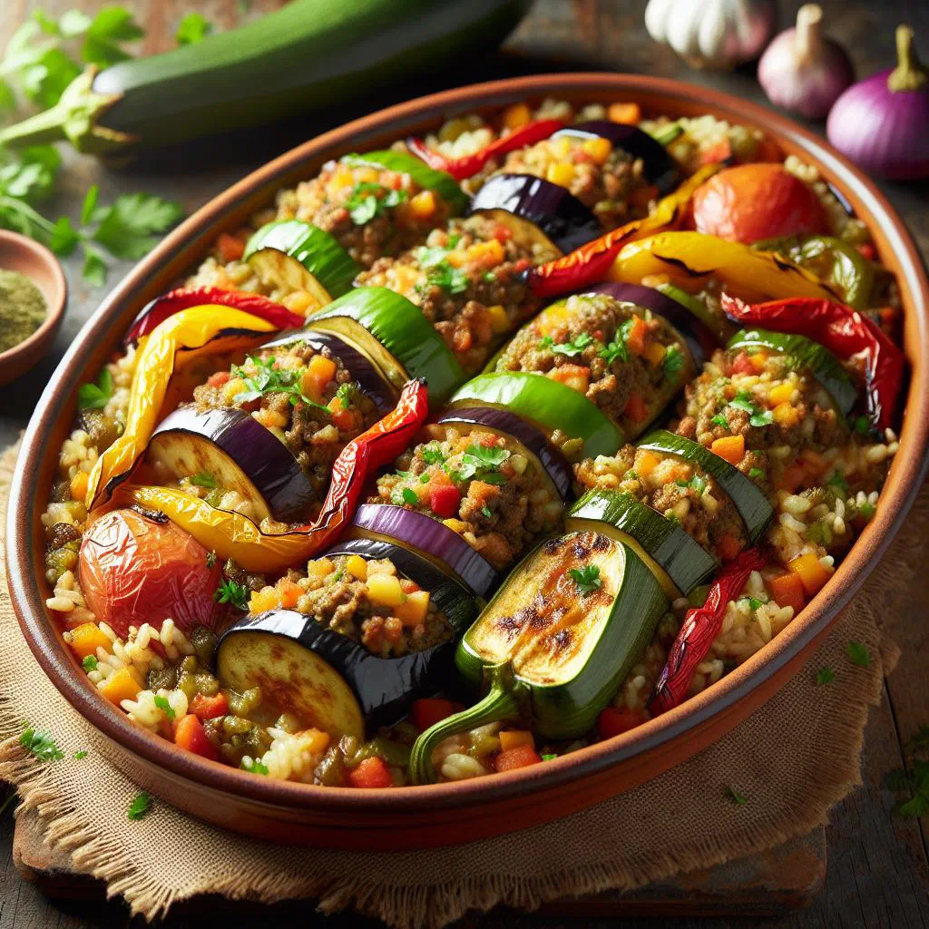 Stuffed aubergines with minced meat and rice in tomato sauce, garnished with parsley
