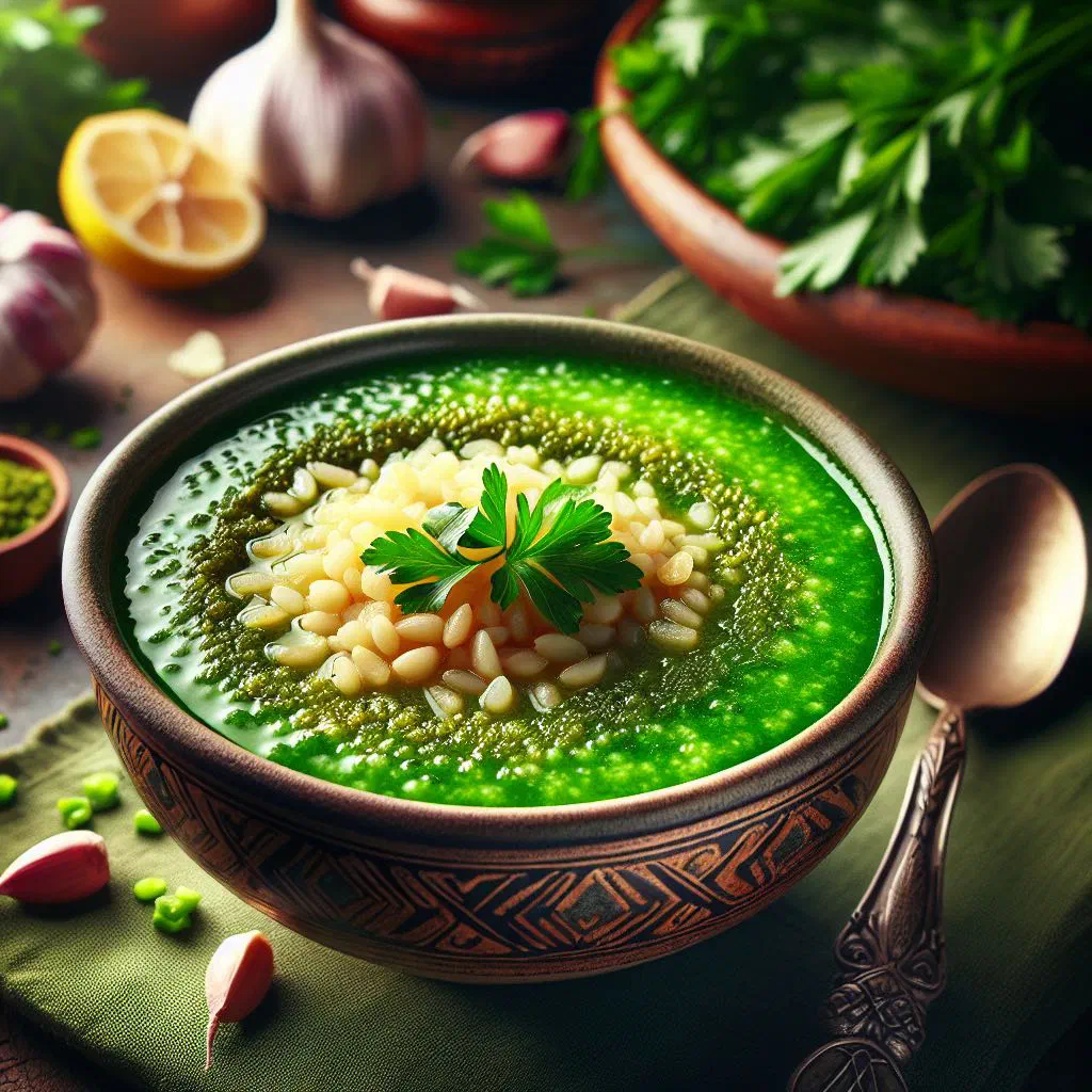 Bowl of shorbet freekeh soup garnished with fresh parsley and lemon