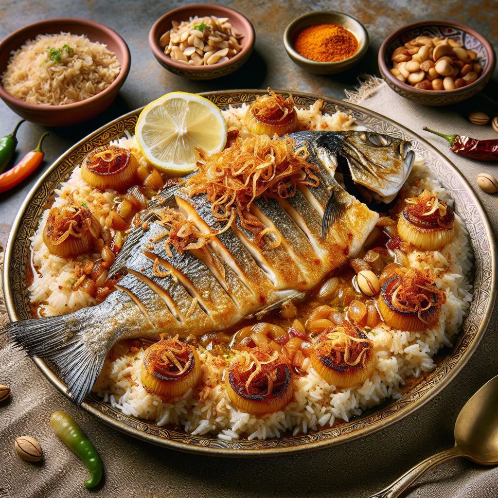 Siyyadiyeh with golden fish fillets served over spiced rice