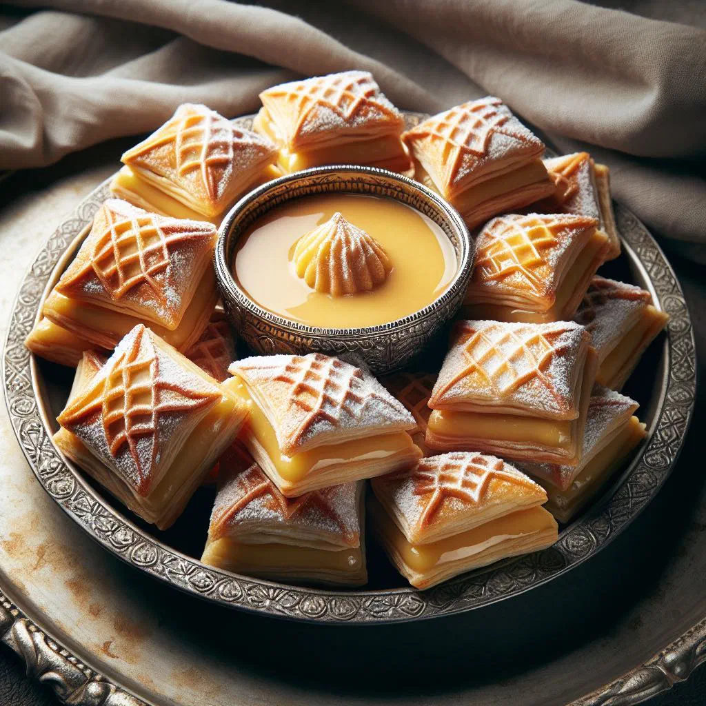 Golden warbat bil ashta pastries filled with cream and sprinkled with chopped pistachios