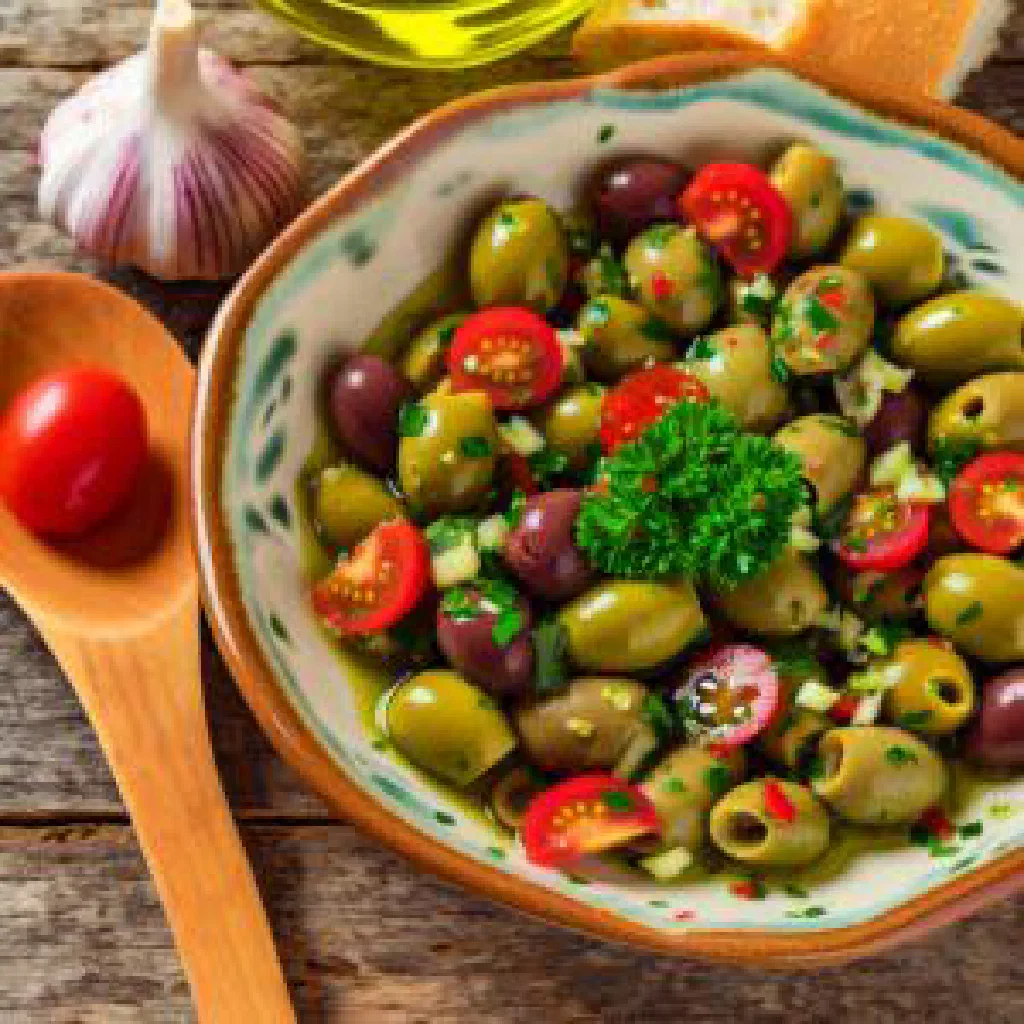 Zeitoon with green and black olives, sautéed vegetables and fresh herbs