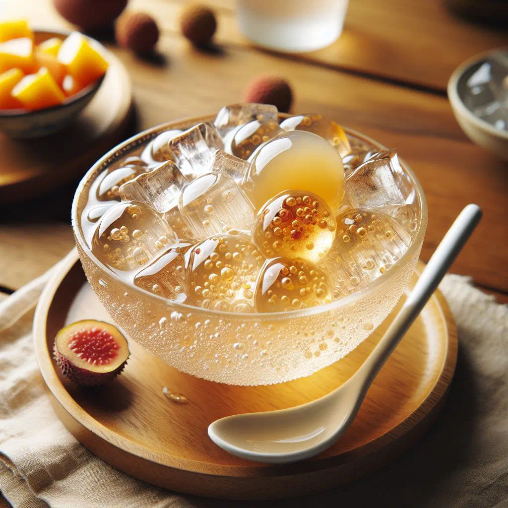 Bowl of golden aiyu jelly cubes with fresh fruit and syrup