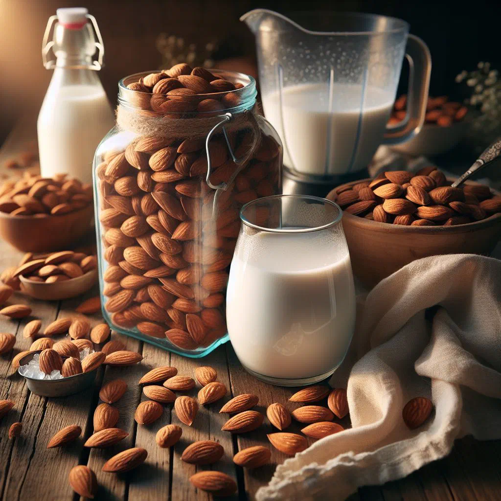 A glass of creamy Taiwanese almond milk topped with sliced almonds