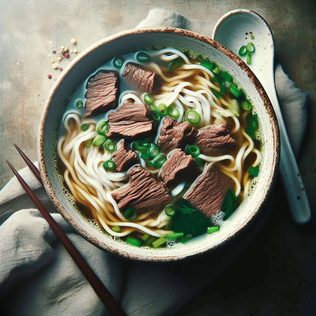 Bowl of Taiwanese beef noodle soup with tender beef, wheat noodles and fresh coriander